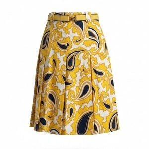 Vintage Kohler Basel Yellow Navy Paisley Jacquard A-Line Skirt Belted Size 38